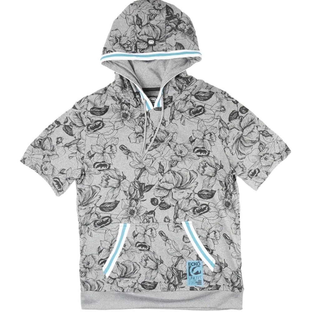 Ecko Unlimited Floral Print Short Sleeved‎ Hoodie Blue Trim Sz Small